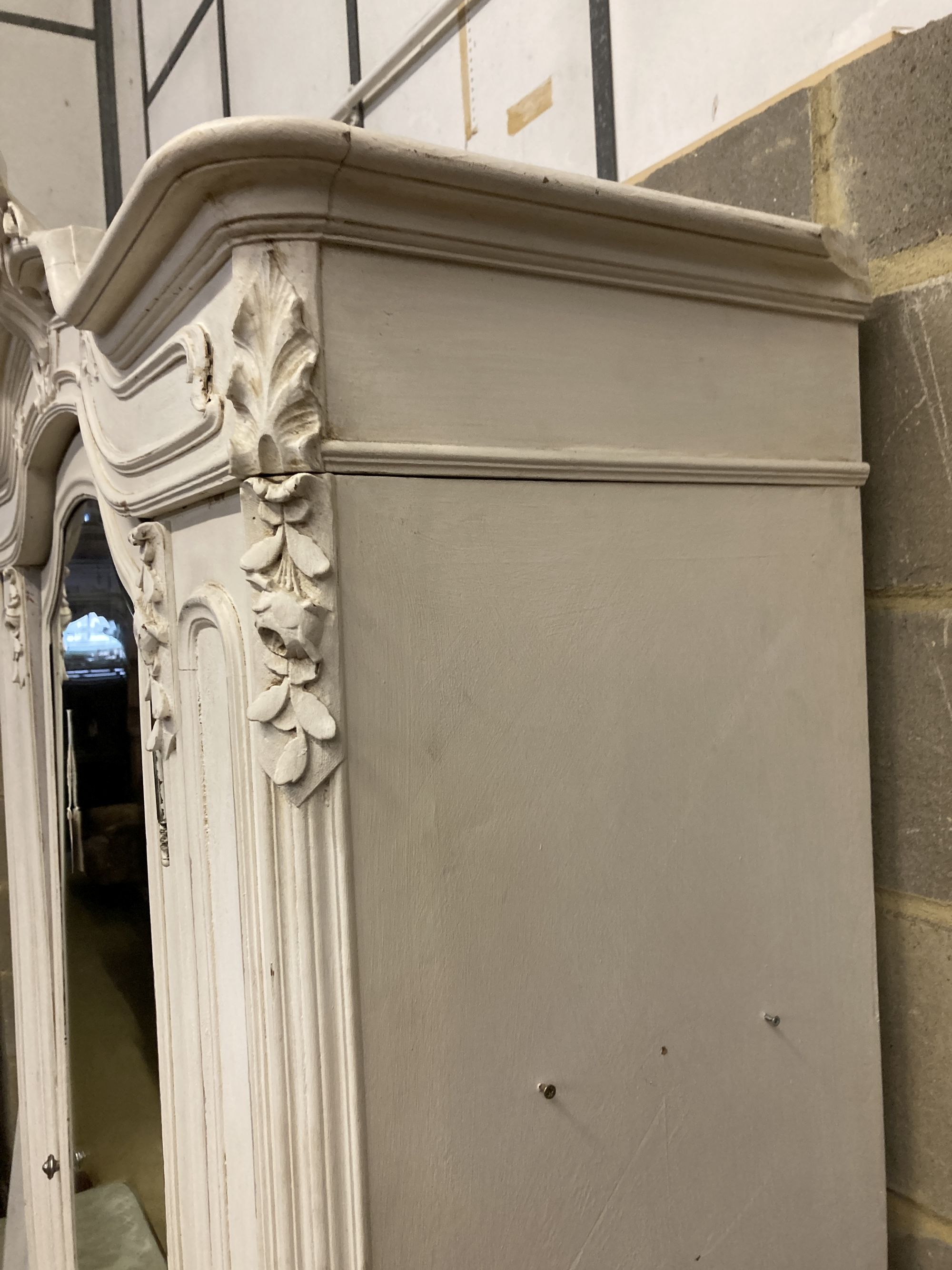 A late 19th century French painted mirrored armoire, width 144cm, depth 50cm, height 236cm